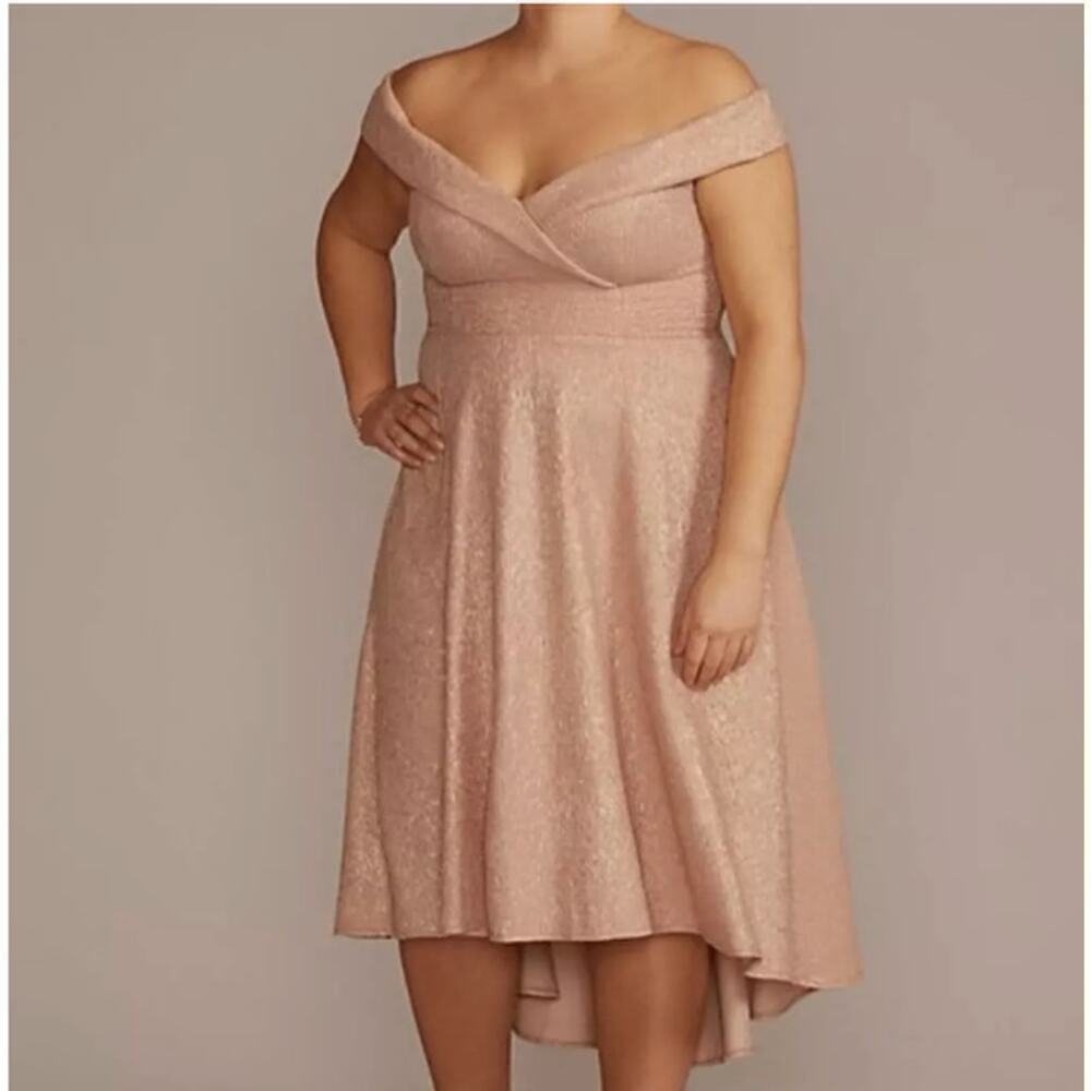 Oleg Cassini Womens Off‎ The Shoulder Metallic Hi-Lo Dress Rosego Size 12 NWT